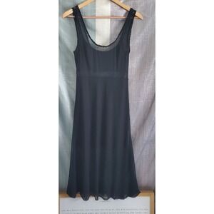 NBD Black Pleated Mesh Midi Dress Sleeveless Scoop Neck Scalloped Whimsigoth